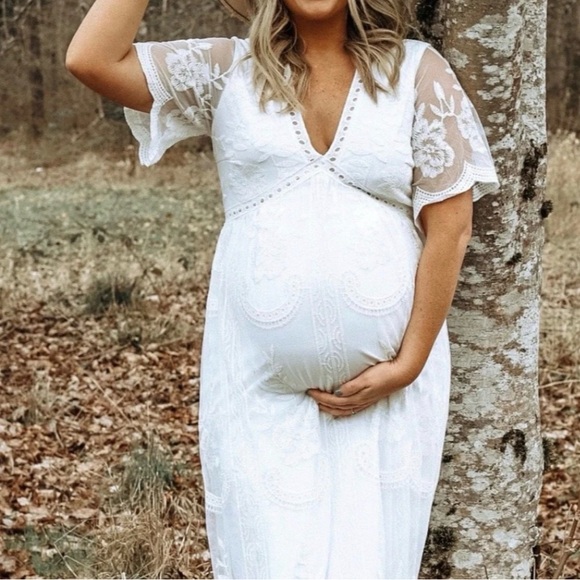 Pinkblush Dresses & Skirts - Pink Blush Lace Maternity White Maxi Dress with Sheer Flutter Sleeves